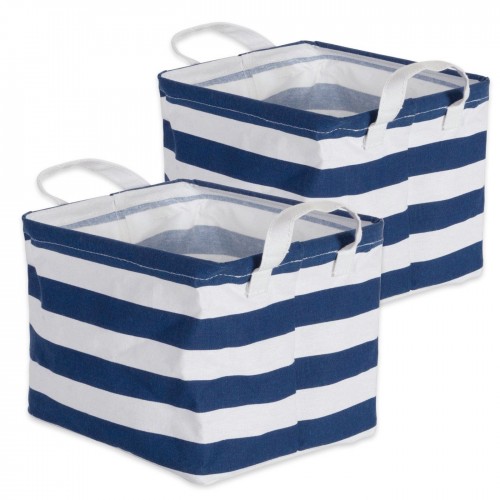 PE Coated Cotton/Poly Laundry Bin Stripe Nautical Blue Rectangle Extra Small 8X9.5X7 Set/2