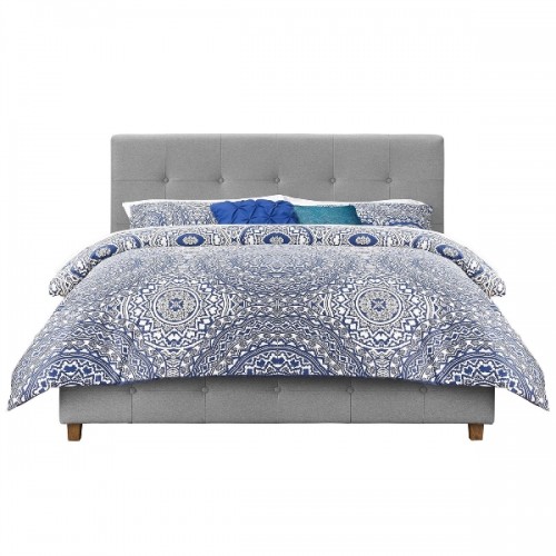 Queen Size Grey Linen Upholstered Platform Bed Wit