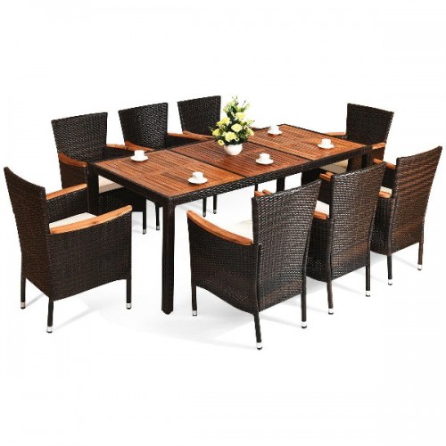 9 Pcs Patio Rattan Dining Set 8 Chairs Cushioned Acacia Table Top